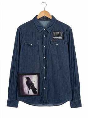 Religion Denim Button-Up Shirt with Raven Patch